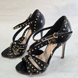 Miu Miu Women's 37.5 Crackled Patent Leather Gold Studs Strappy Heel Sandals